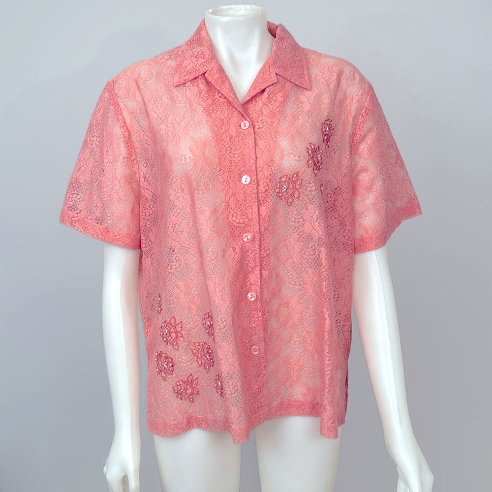 Sheer Lace Button Up Blouse Vintage 90s Floral Beaded Embroidery Detail XL